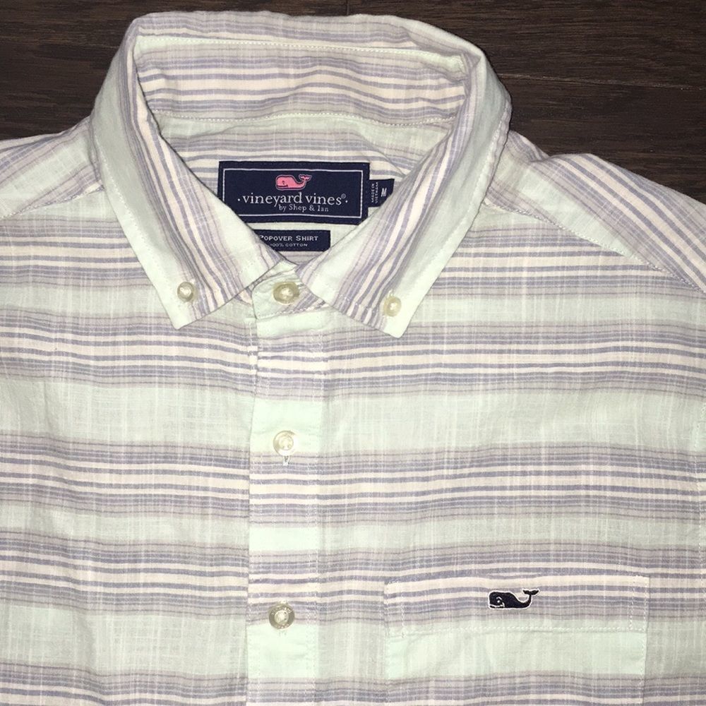 Men’s Vineyard Vines Popover Pastel Green Stripe Whale Polo Sailing Golf Shirt M